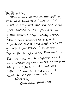 Handwritten thank you note from patient